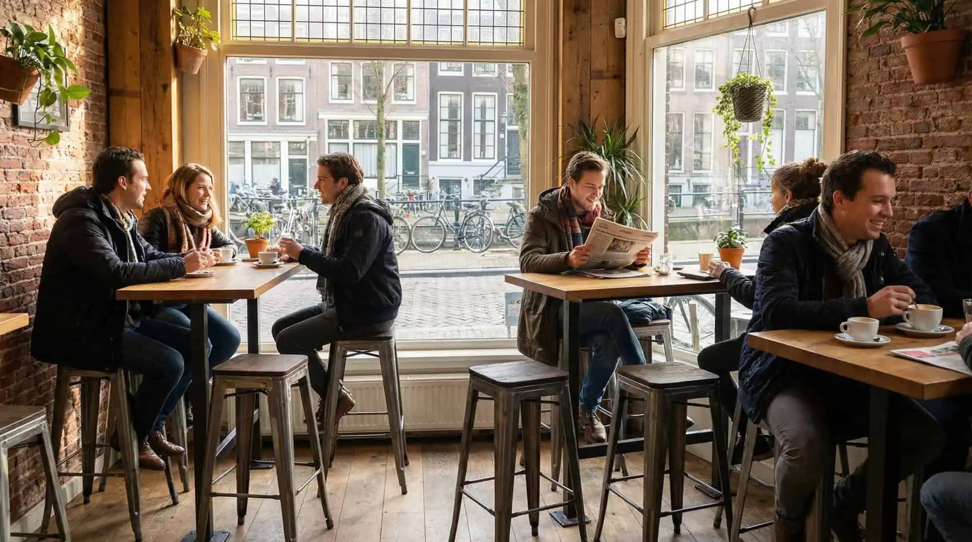 Super-Seat | Zwarte metalen Lix barkrukken met vintage houten zitting bij robuuste houten tafels in café. | Horecameubilair