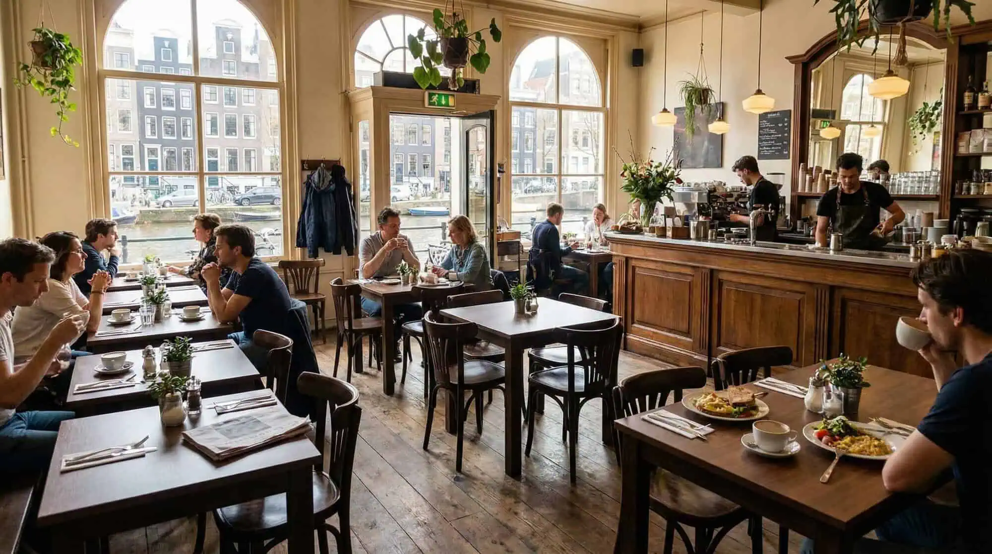 Super-Seat | Cafe with wooden tables, black steel bases, wooden chairs, lots of light and plants. | Hospitality Furniture