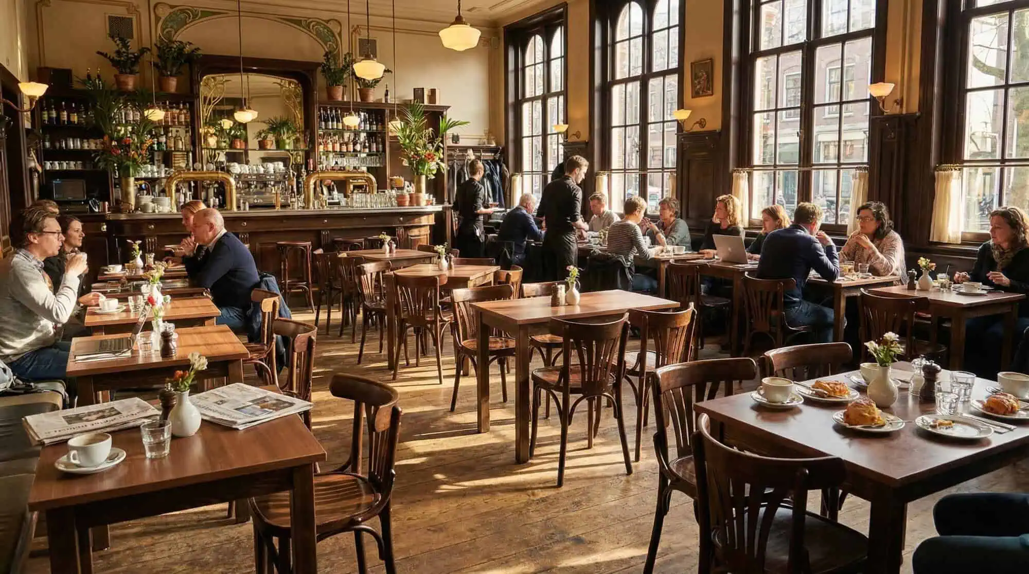 Super-Seat | Wooden tables, black metal bases, people eating, sunlight and plants in the case. | Hospitality Furniture