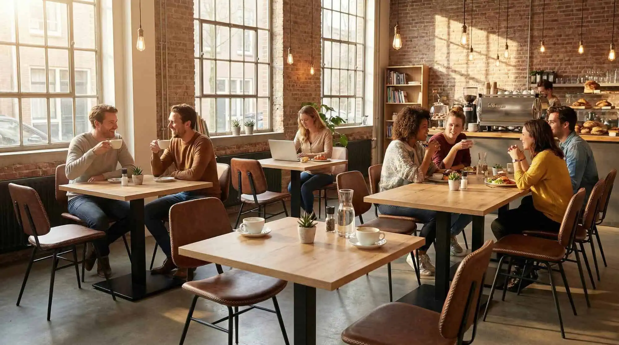 Super-Seat | Black metal table bases, wooden tables, chairs, brick walls, large window. | Hospitality Furniture