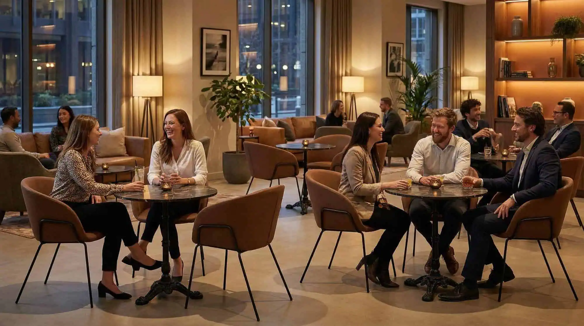 Super-Seat |Modern Lounge| Black cast iron tables & chairs, warm lounge, wood and metal, large windows and book shelves. | Hospitality Furniture