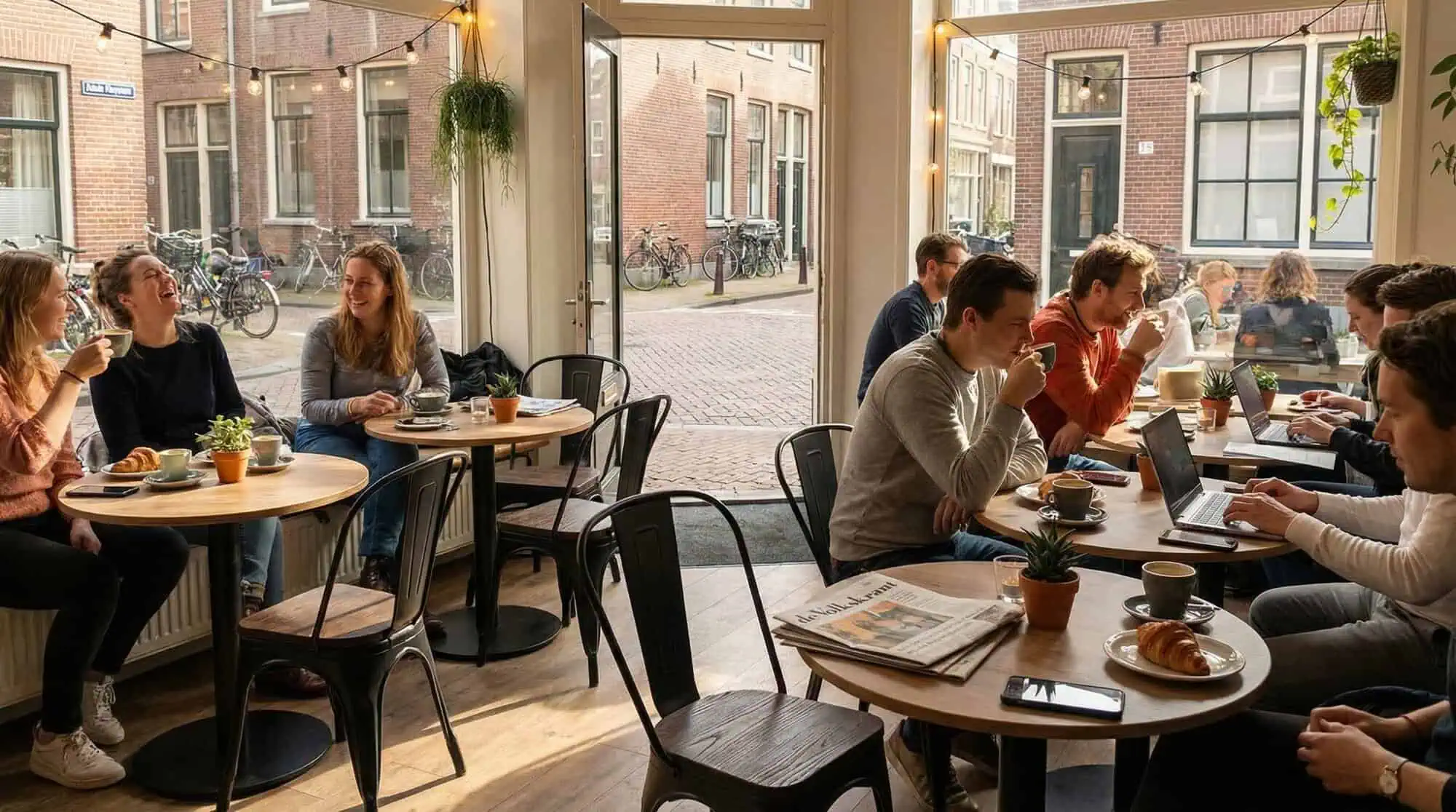 Super-Seat | Lix Chairs Vintage Black Wood | Black wooden Lix chairs, wooden tables, bar stools and plants in a warm cafe setting. | Hospitality Furniture