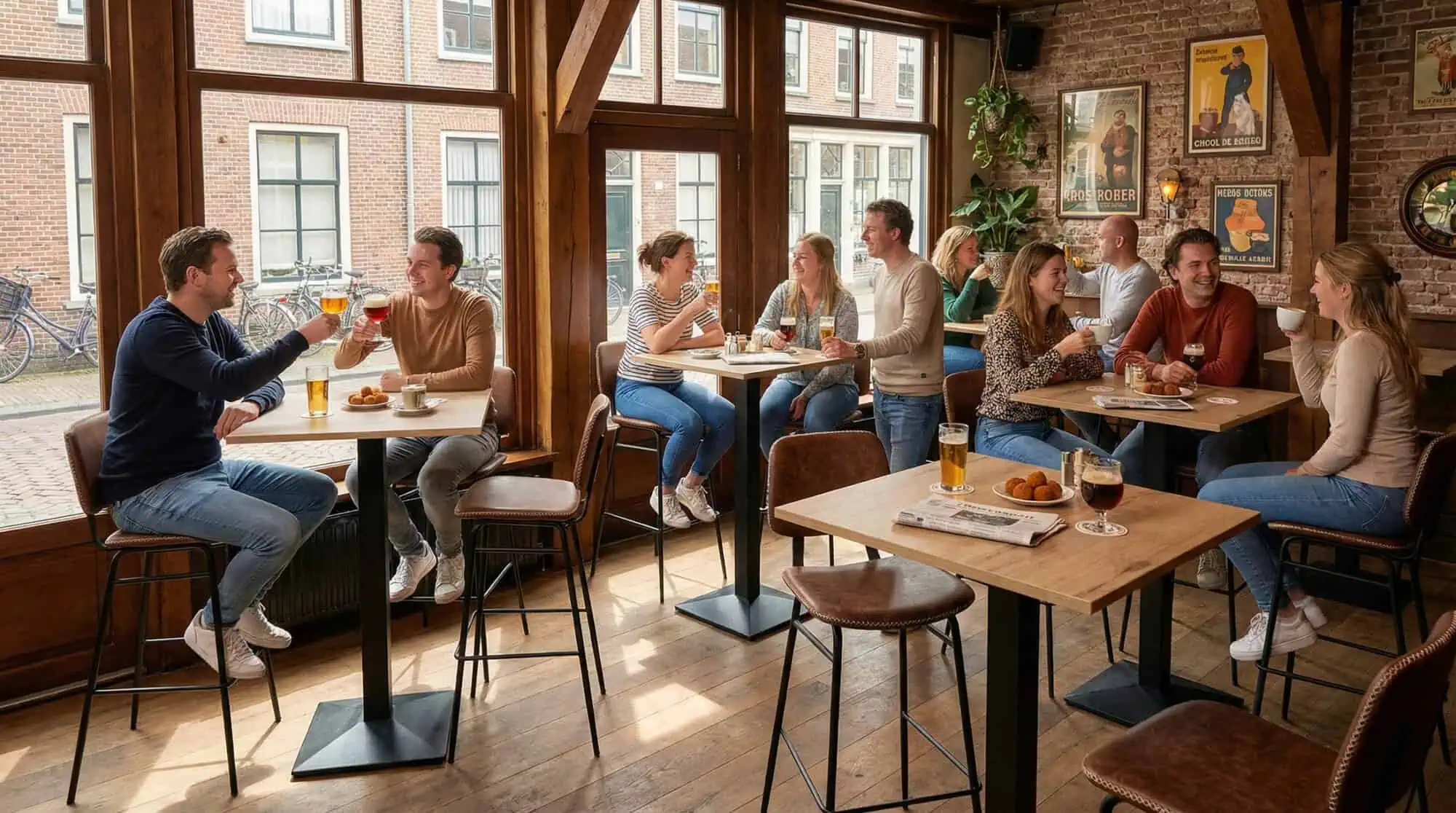 Super-Seat | Vintage bar stools at Miles Retro | Wooden tables, cognac bar stools leather, and sunny bar full of chairs and snacks. | Hospitality Furniture