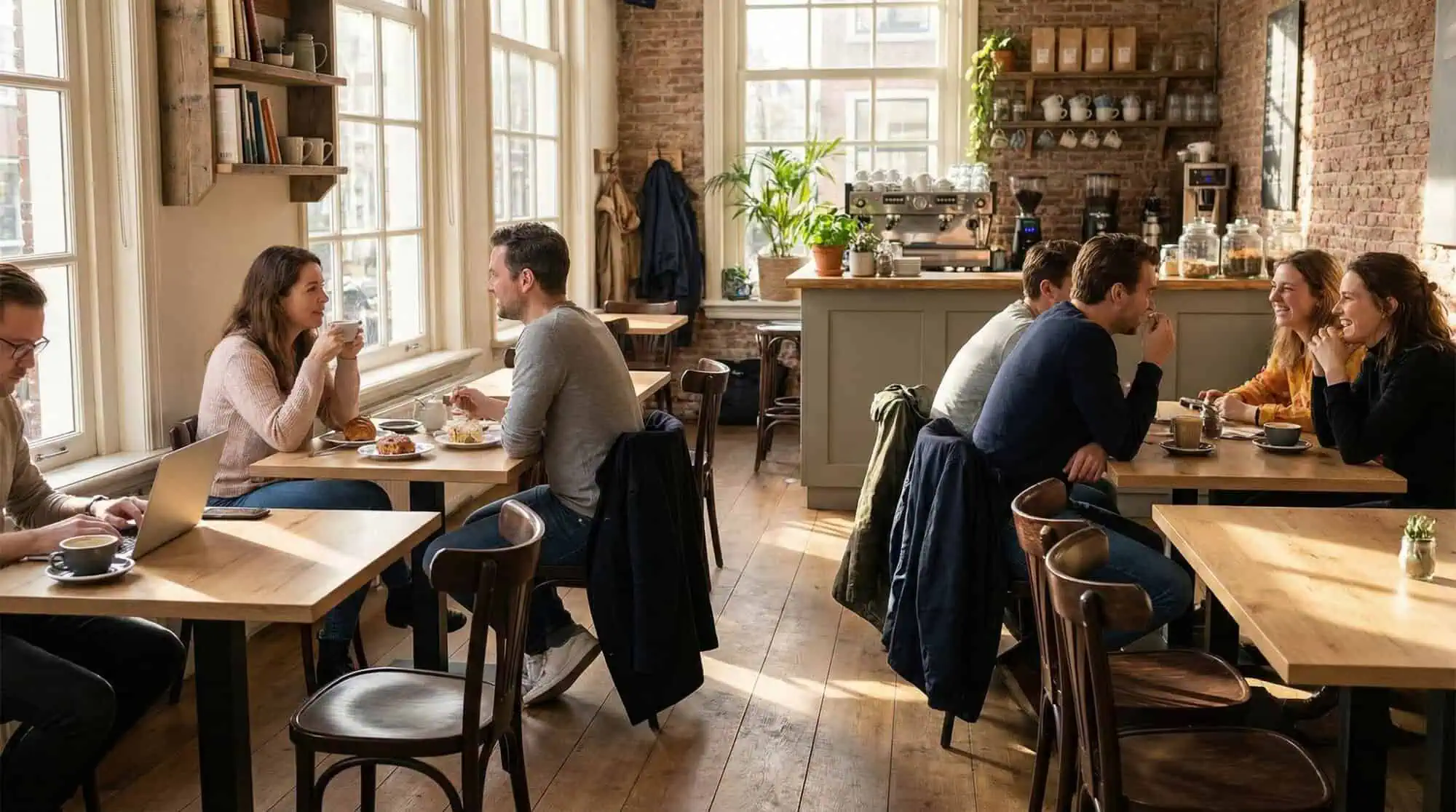 Super-Seat | Donkerbruine houten stoelen en tafels in zonovergoten café met bakstenen muren en planten. | Horecameubilair