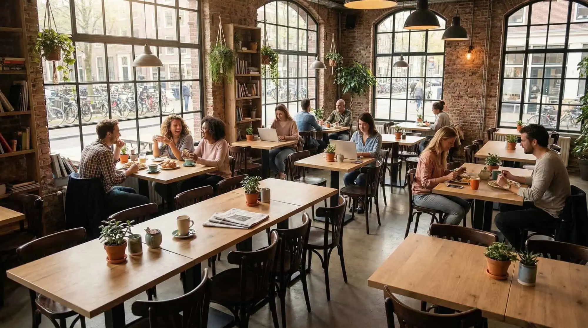 Super-Seat | Oudbruine houten stoelen en tafels in modern café met bakstenen muur, planten, veel licht. | Horecameubilair