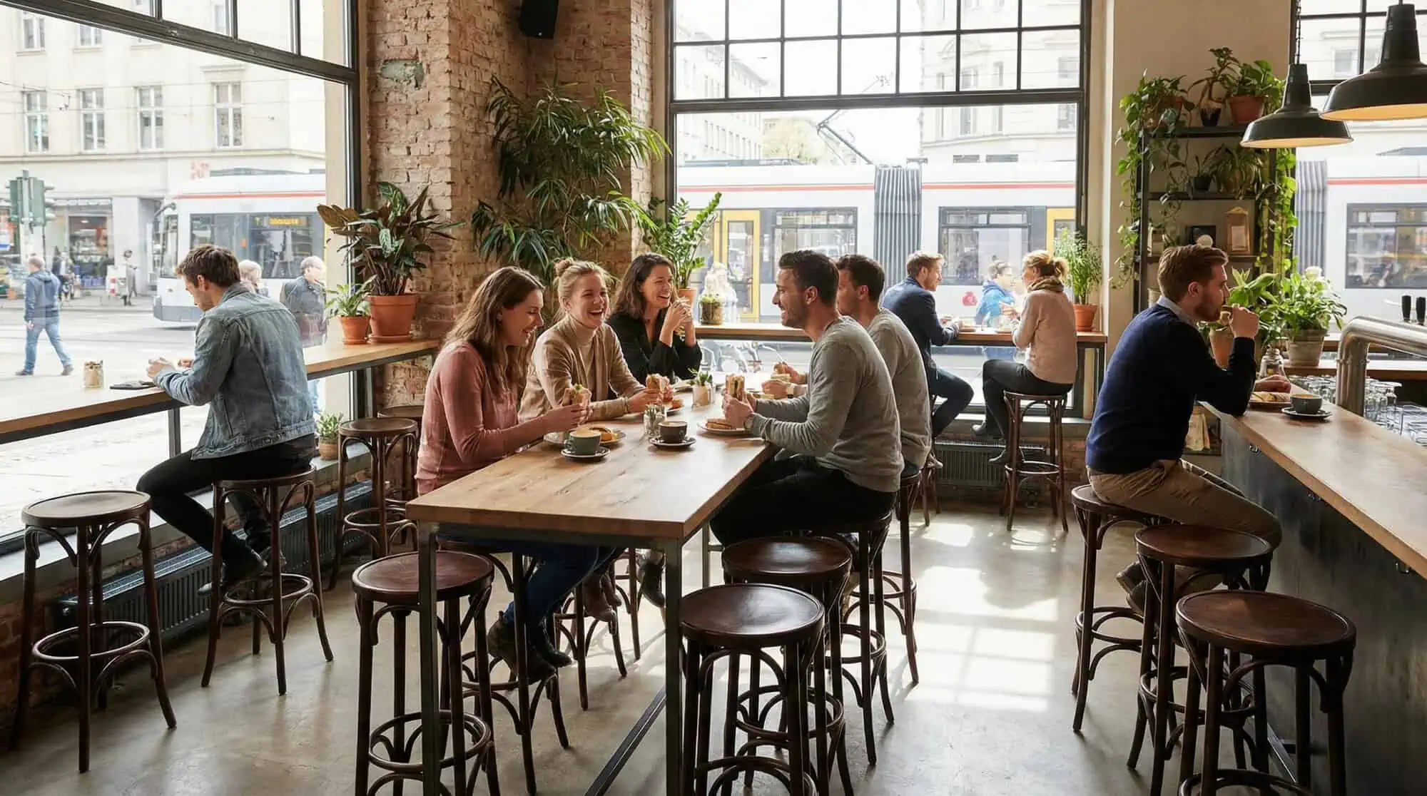 Super-Seat | Donkerbruine houten barkrukken, lichte tafels en stoelen in zonnig modern café met planten. | Horecameubilair