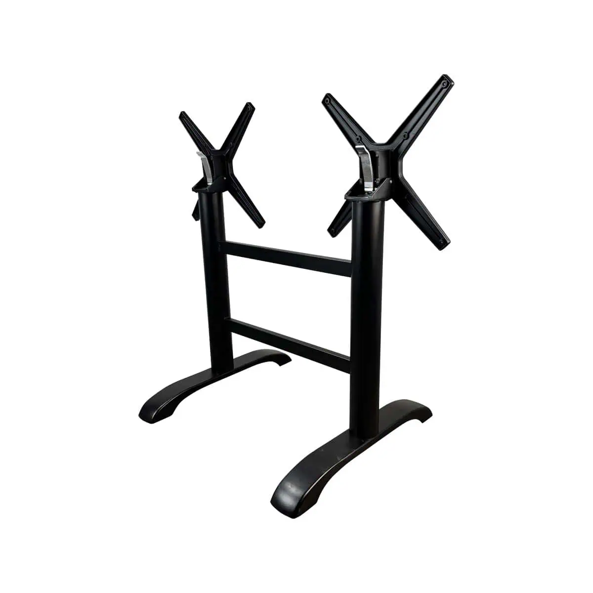 Super-Seat | Zwart metalen dubbel tafelonderstel met X-plateaus, gebogen poten, stevige dwarsbalk. | Horecameubilair