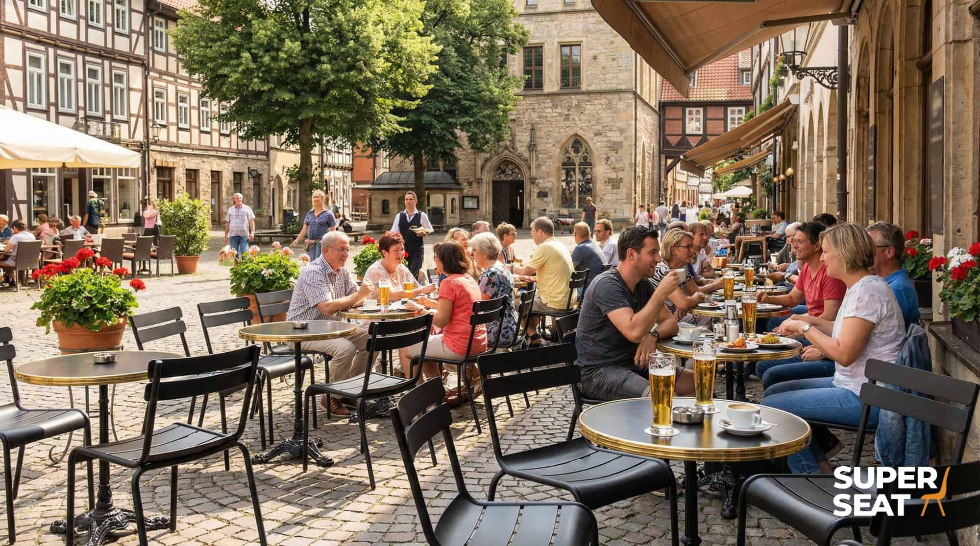 Super-Seat | Luxembourg Hospitality Terrace Chairs Black | Black metal stacking chairs, wooden tables on boulders, among flowers and greenery. | Hospitality Furniture