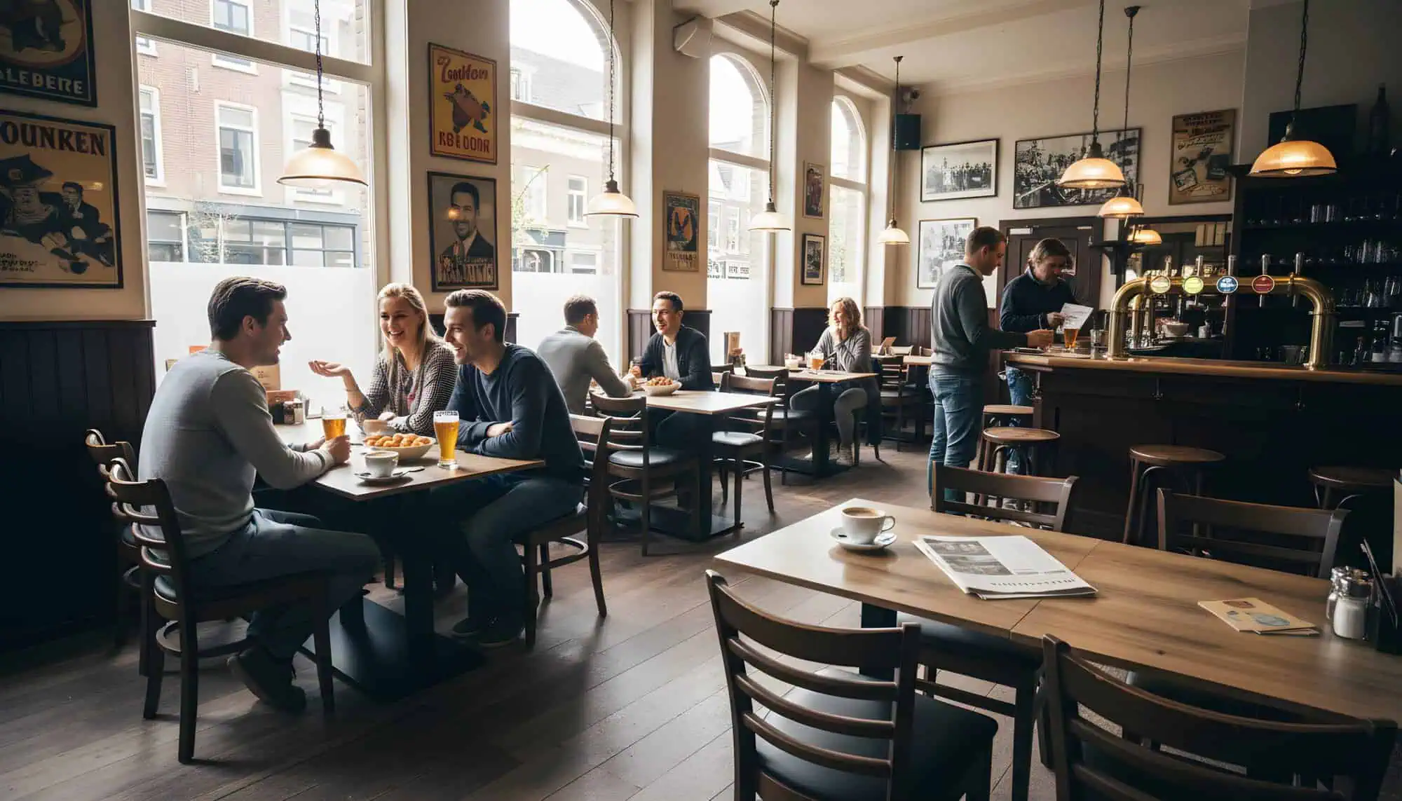 Super-Seat | Dark brown wooden chairs around wooden tables in a warm, bright cafe setting. | Hospitality Furniture