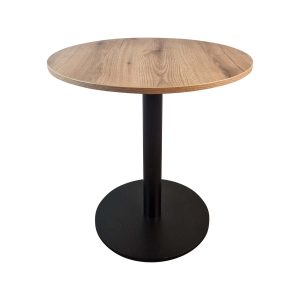 Super-Seat | Round Wooden Dining Table | A round table with a light brown oak top, black central column and wide black base. | Hospitality Furniture