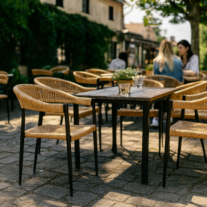 Super-Seat | Prague Terrace chairs White wicker chairs with armrests, wooden tables, stone terrace, sunlight, two people. | Hospitality Furniture