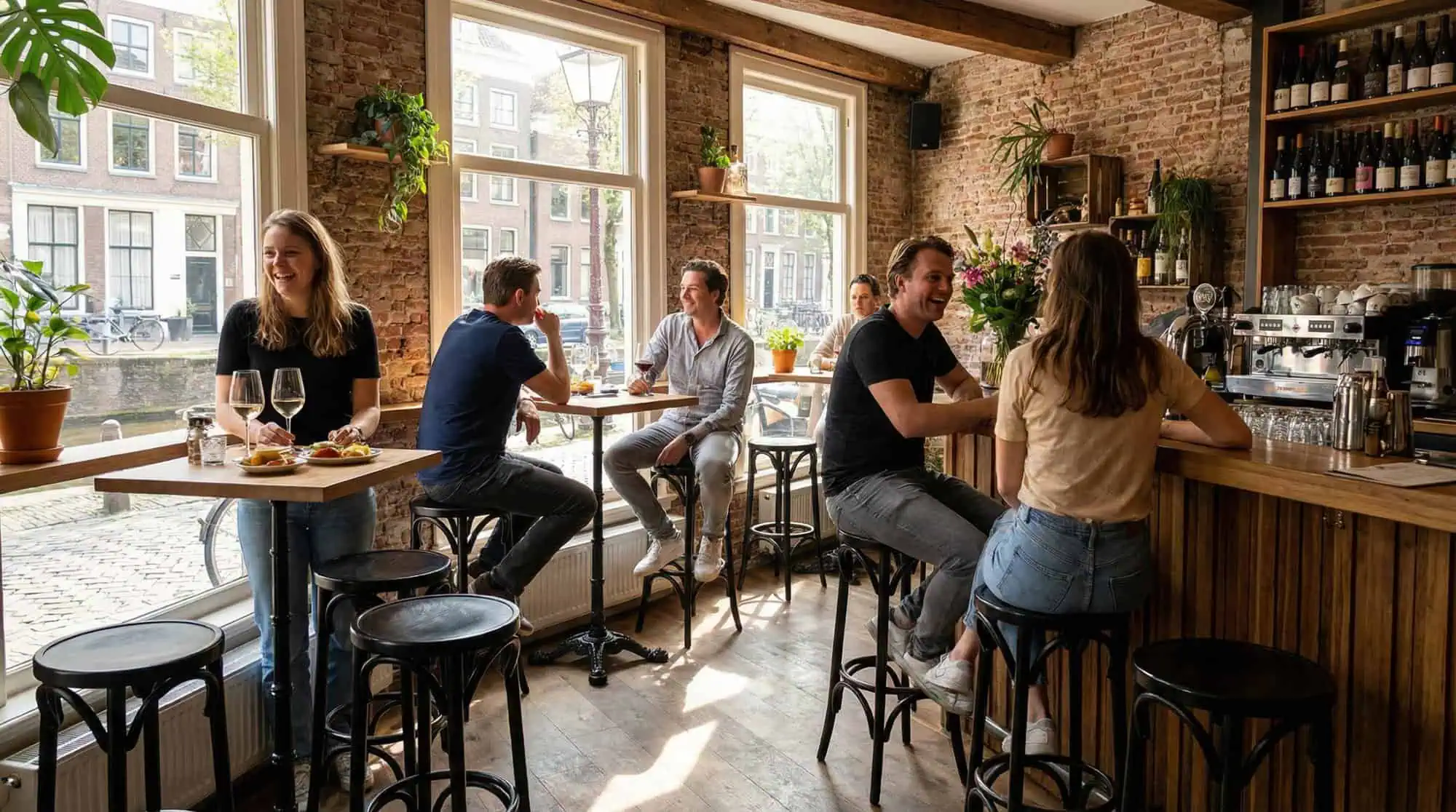 Super-Seat | Black wooden bar stools, wooden tables and chairs in a café with brick walls and large windows. | Hospitality Furniture