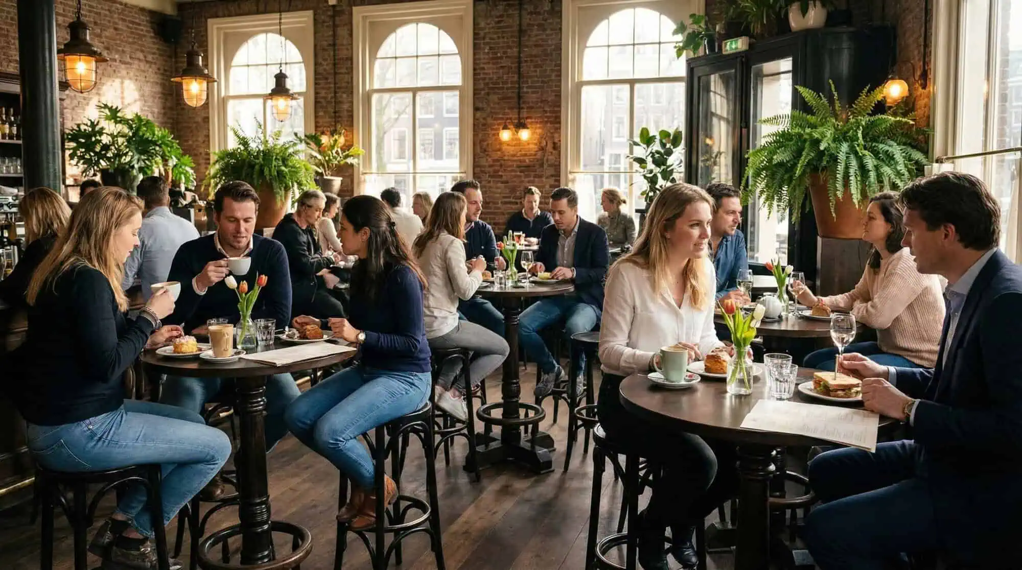 Super-Seat | People sit at small tables in a café Black Thon wooden bar stools by the bar, wooden floors, brick walls, lots of light. | Hospitality Furniture