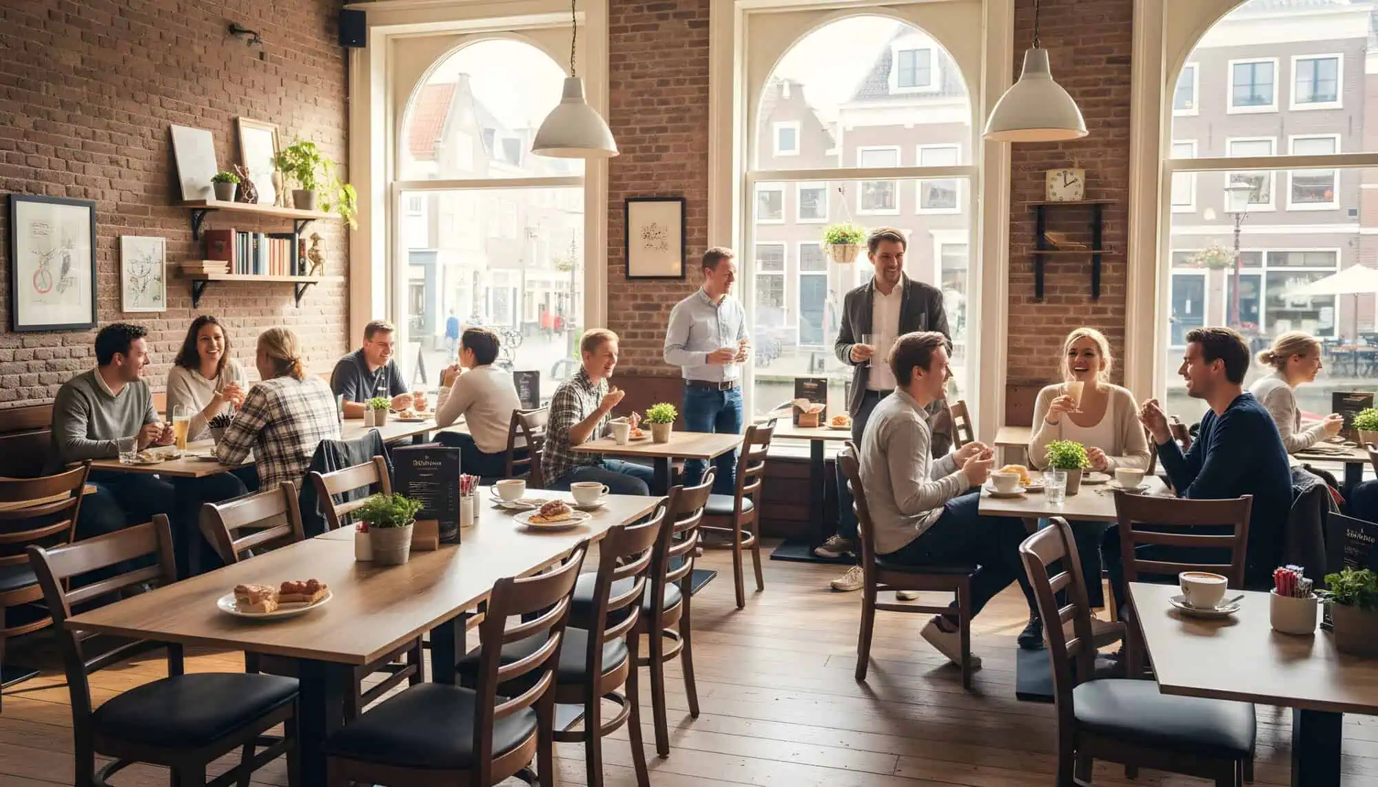 Super-Seat | Thon bentwood arm chairs in old brown wood around wooden tables; brick wall, windows, plants, relaxed atmosphere |. | Hospitality Furniture