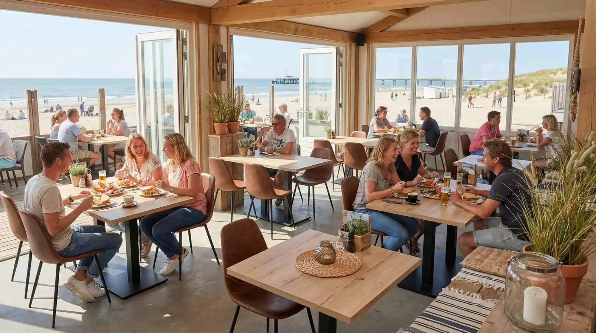 Super-Seat | Castle oak melamine table tops (120x67cm) | Light brown oak tables, white chairs and bar stools in sunny beach restaurant with sea view. | Hospitality Furniture