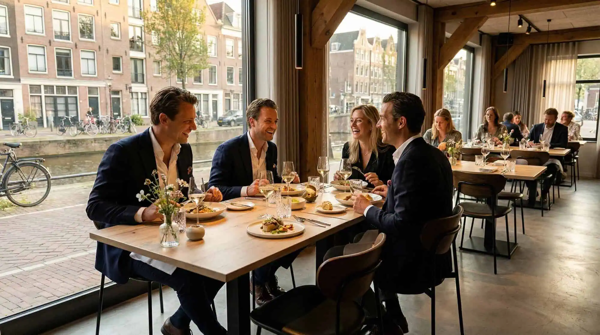 Super-Seat | Castle Oak Melamine Table Tops 67x67cm Gray chairs, oak melamine table, glasses, flower vase, canal view. | Hospitality Furniture