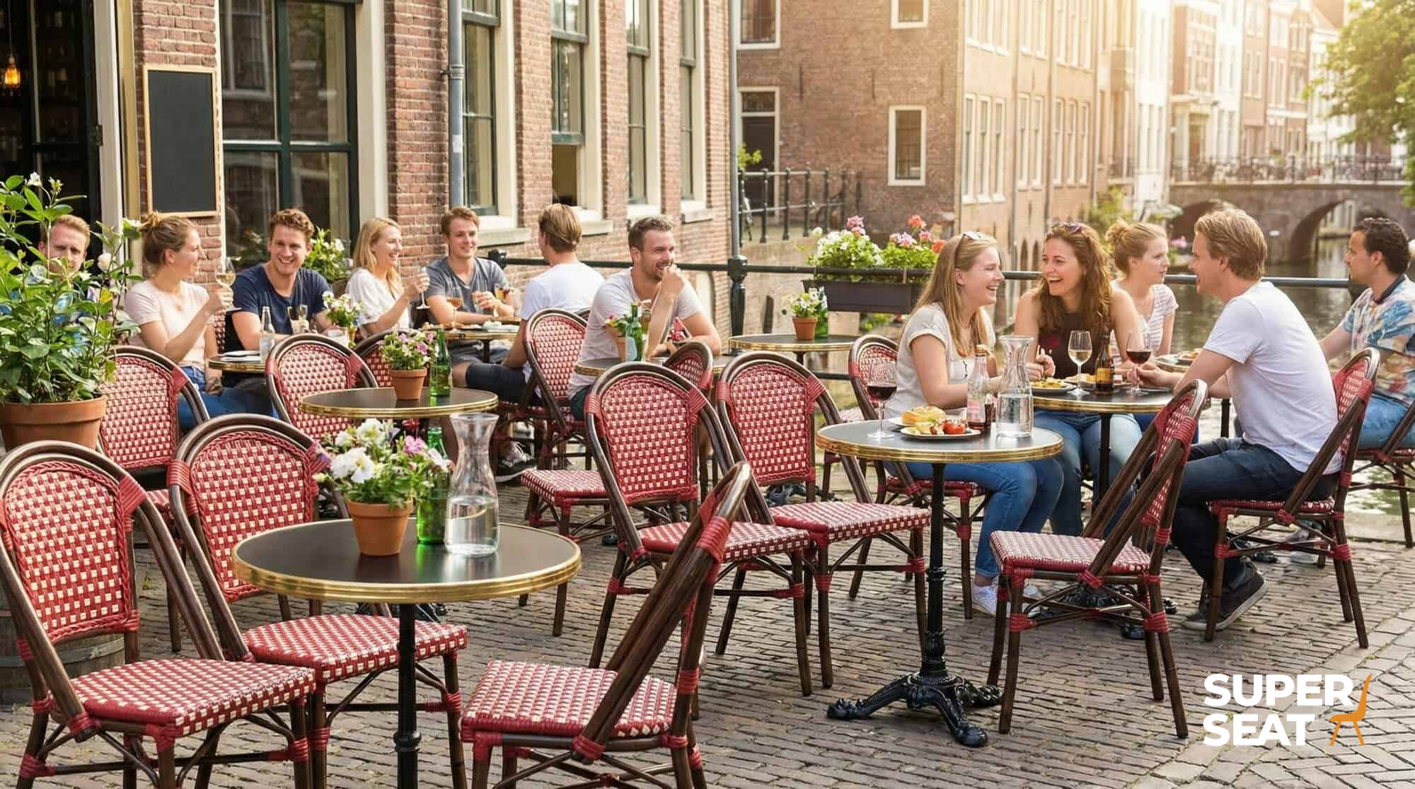 Super-Seat |Red wicker stacking chairs and wooden patio tables outside along kids' street. | Hospitality Furniture