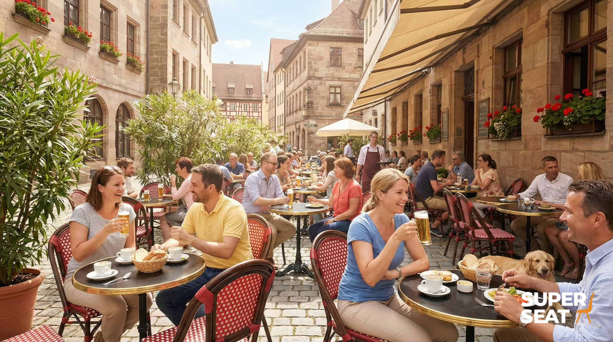 Super-Seat | Wicker hospitality patio chairs Cafe de Paris red | Wicker red chairs, metal tables, wooden bar stools on cobblestone square. | Hospitality Furniture