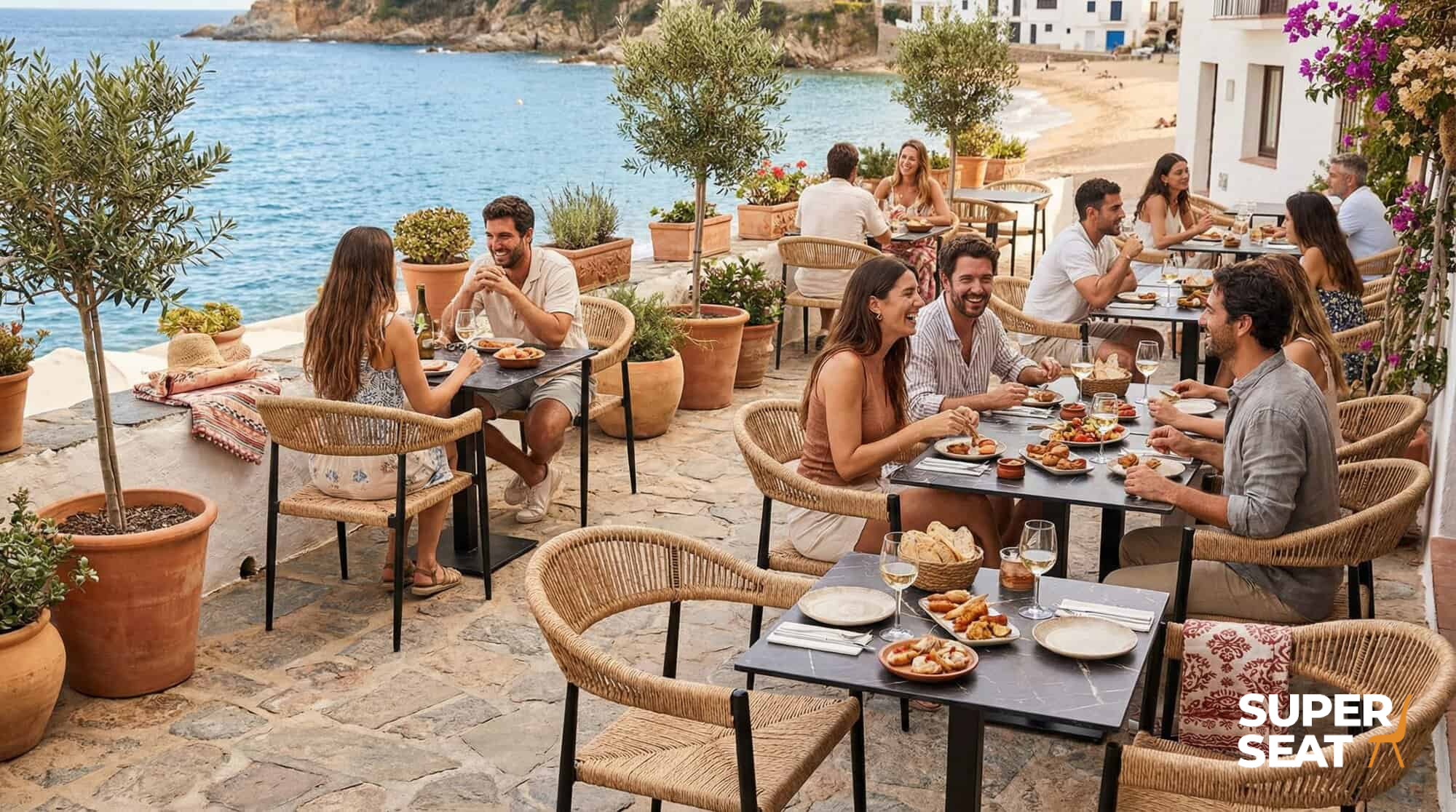 Super-Seat | Terrace chairs and tables Wicker stacking chairs with armrests in gray plastic, with white tables on beach terrace. | Hospitality Furniture