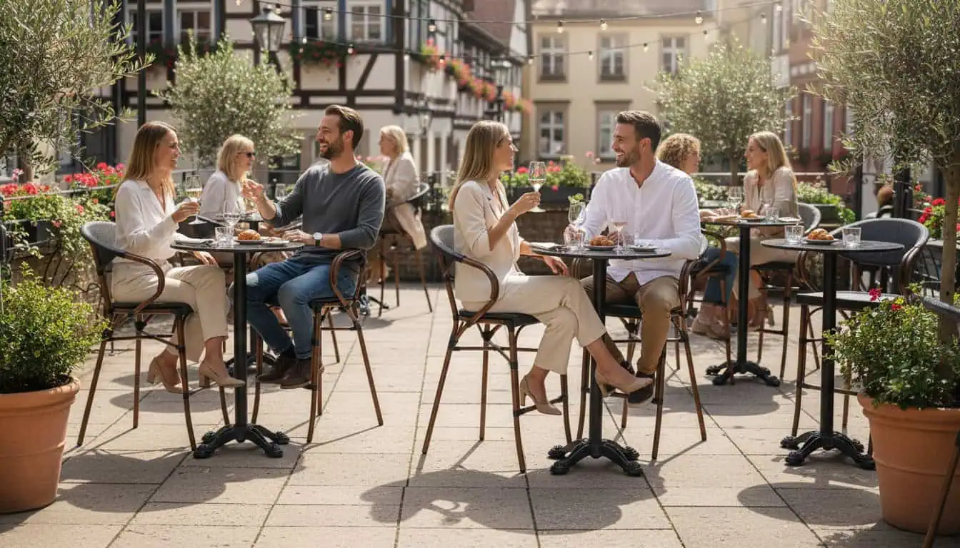 Super-Seat |Wood tables, metal chairs, sunny courtyard with plants. | Hospitality Furniture
