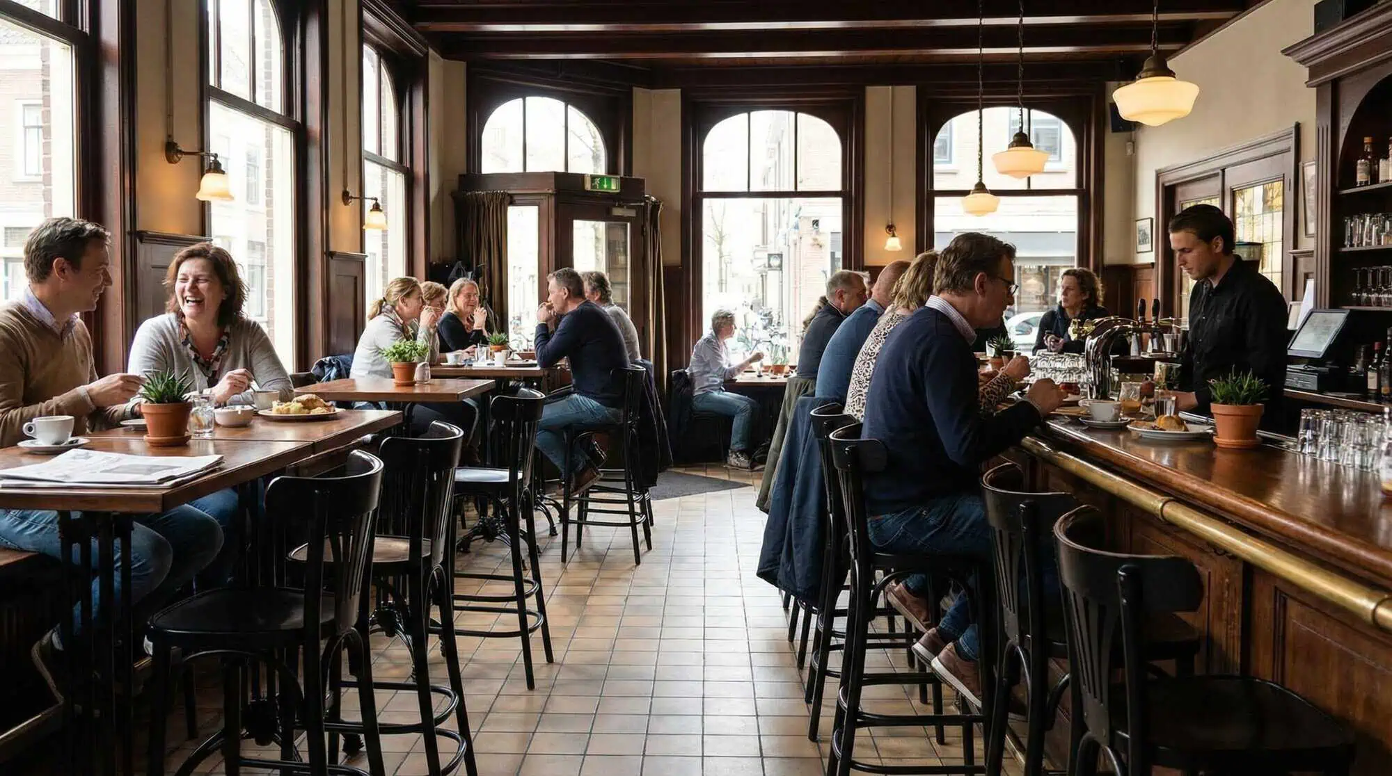 Super-Seat | Cafe Interior | Black Thon curved wooden bar stools with fan rug, wooden tables and chairs, large windows, cozy atmosphere. | Hospitality Furniture