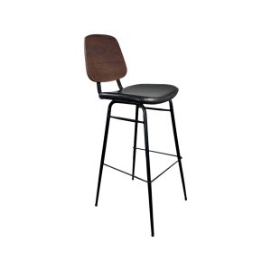 Super-Seat | Black metal bar stool with dark wood back and black upholstered seat. | Hospitality Furniture