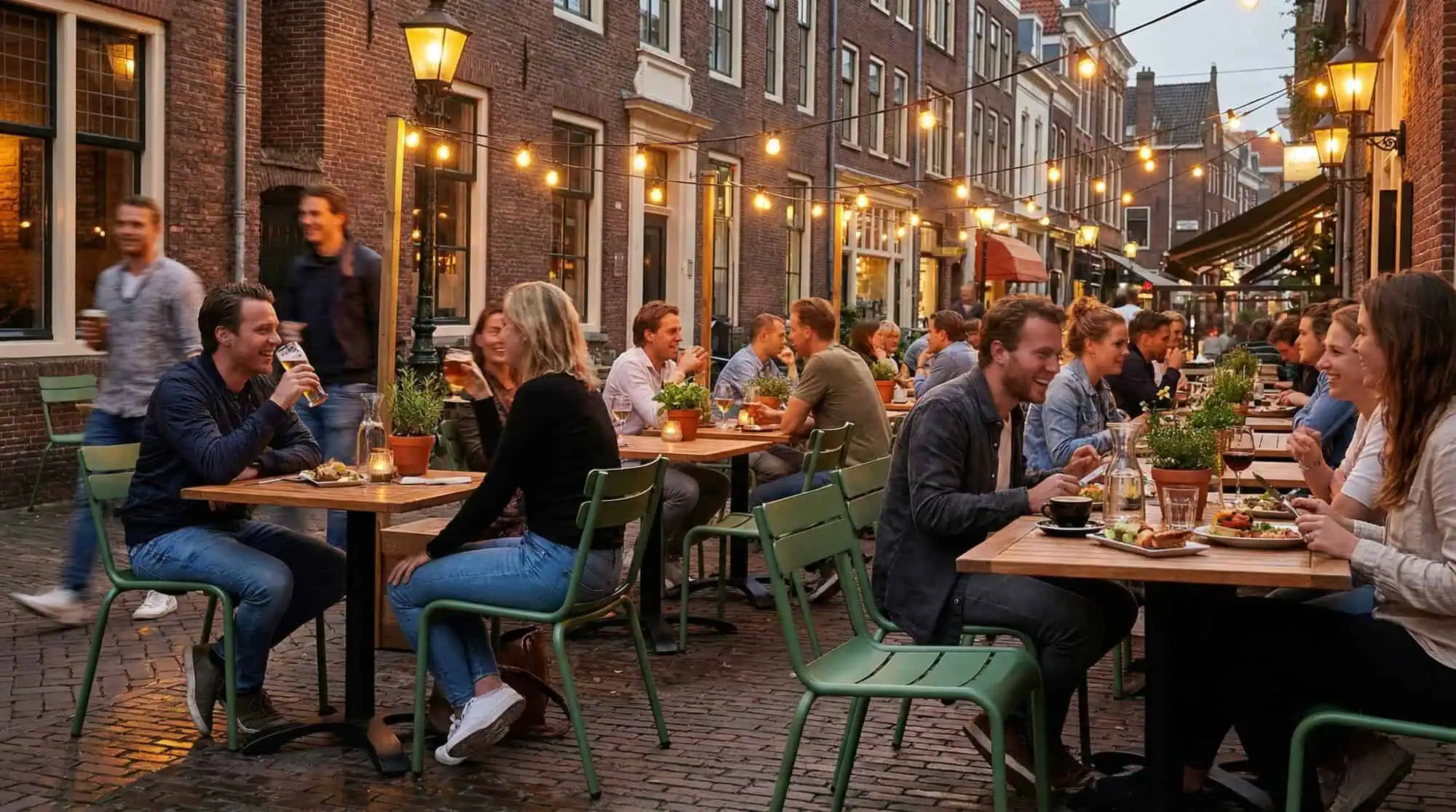 Super-Seat | metal stacking chairs and wooden tables on a terrace surrounded by old brick buildings. | Hospitality Furniture