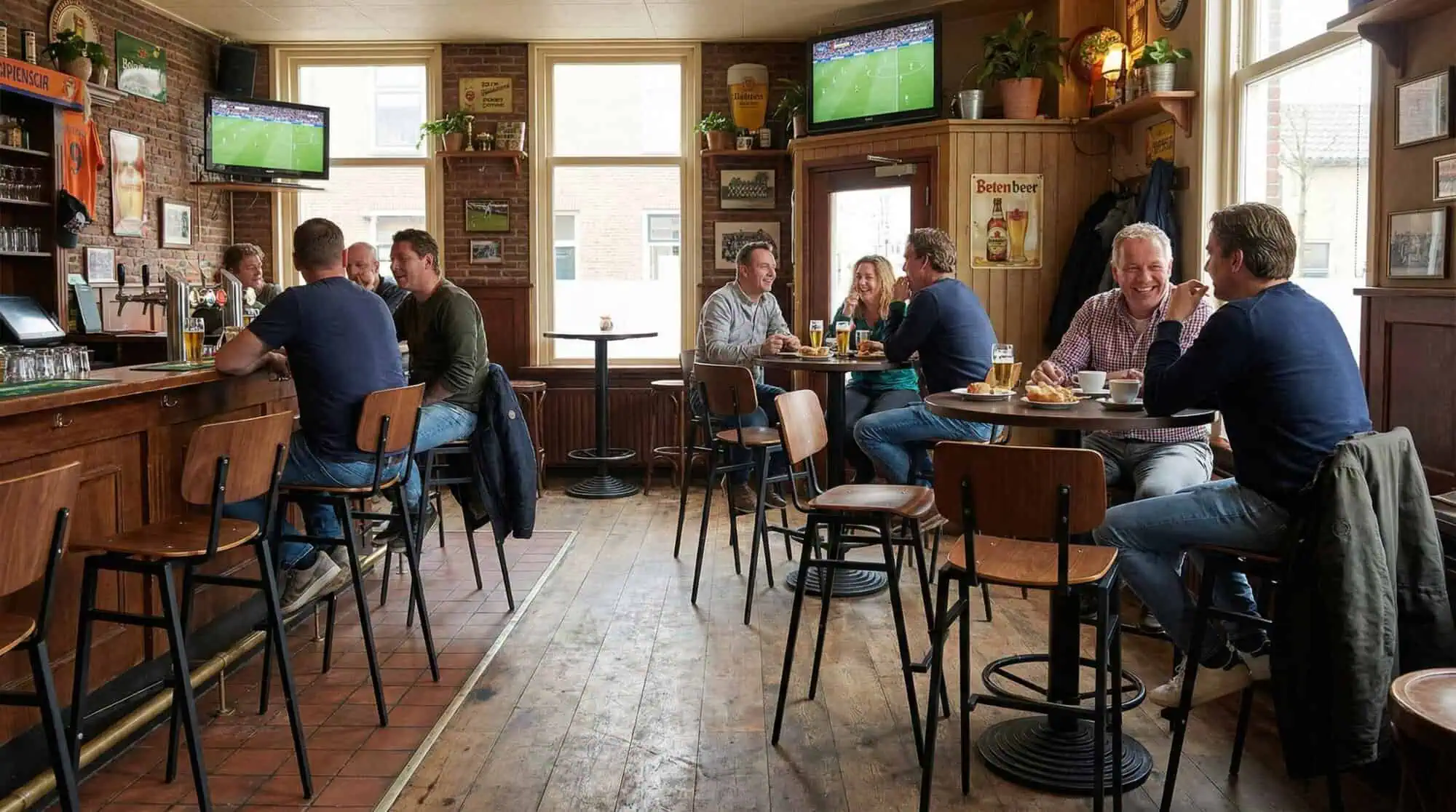 Super-Seat | Rietveld industrial bar stools brown/black Brown wooden tables, black steel chairs and bar stools on wooden floor in cozy pub. | Hospitality Furniture