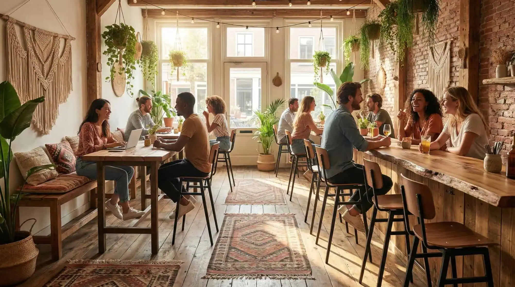 Super-Seat |Brown wooden tables, black metal bar stools at bar, wooden floor, brick wall. | Hospitality Furniture