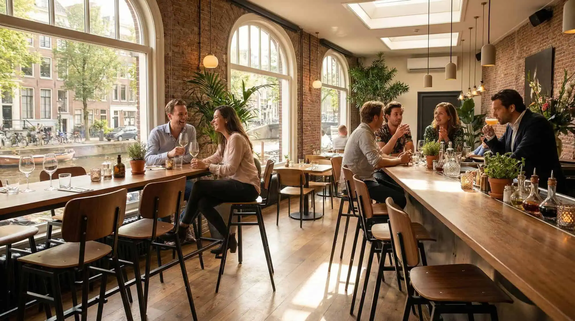 Super-Seat | Rietveld industrial bar stools brown/black | Brown/black metal bar stools at wooden tables in café with brick walls, wood floor, lots of light. | Hospitality Furniture
