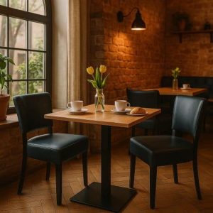 Super-Seat | Ein kleiner Holztisch in einem gemütlichen Café Kleine houten tafel, zwarte metalen-stoffen stoelen, witte kopjes, gele tulpen in glas. | Horecameubilair
