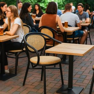Super-Seat | Black webbing chairs with armrests and wooden tables on brick patio, green behind. | Hospitality Furniture