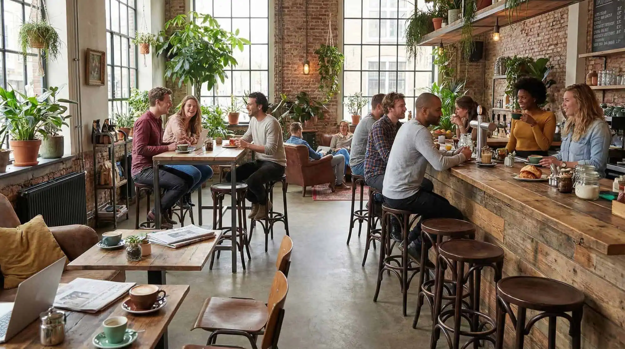 Super-Seat | Houten stoelen, zwarte bistro tafels, houten bar met krukken in licht café met planten en ramen. | Horecameubilair
