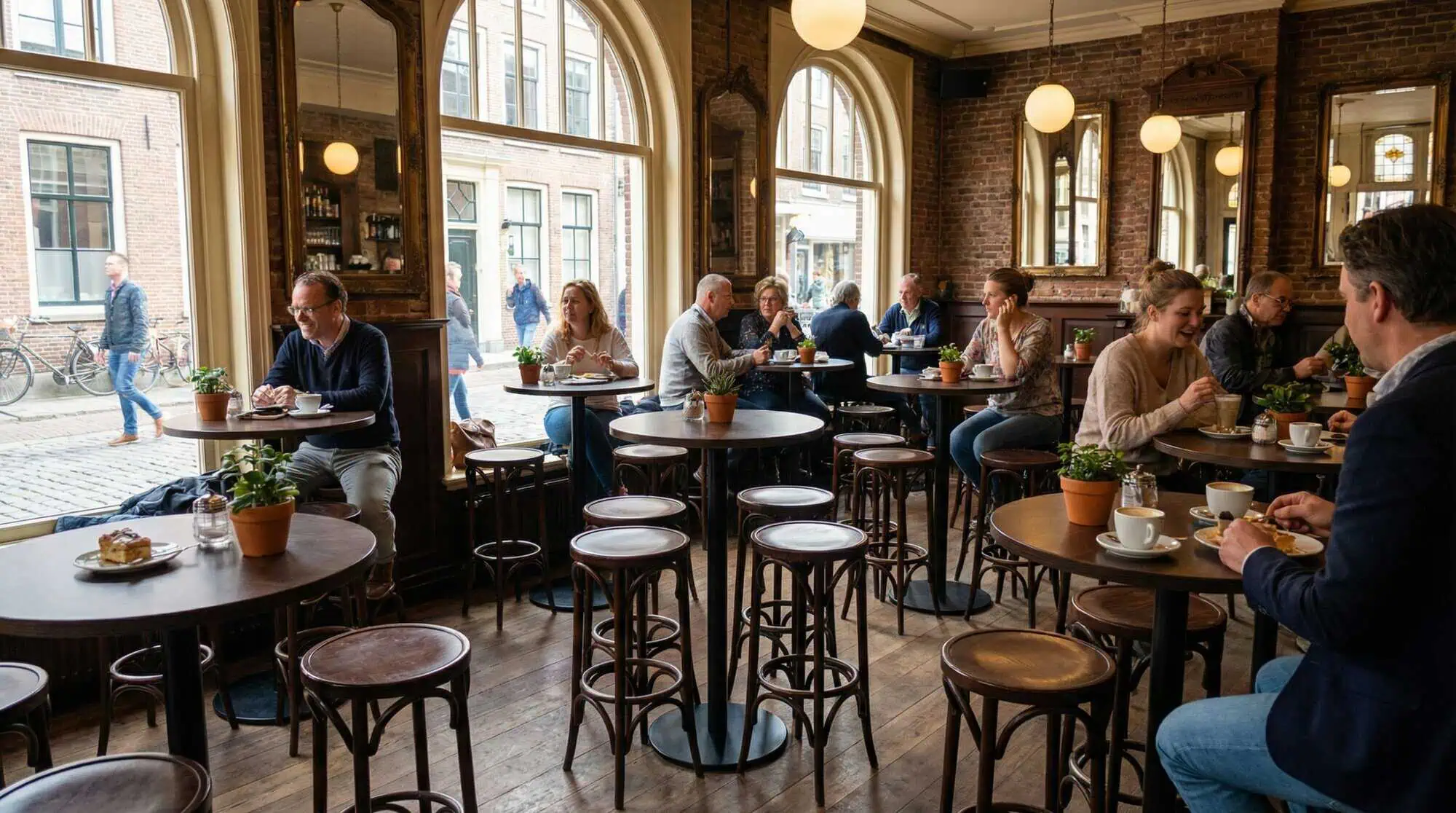 Super-Seat | Black round bar tables, wooden chairs, large windows, plants, warm atmosphere in café. | Hospitality Furniture