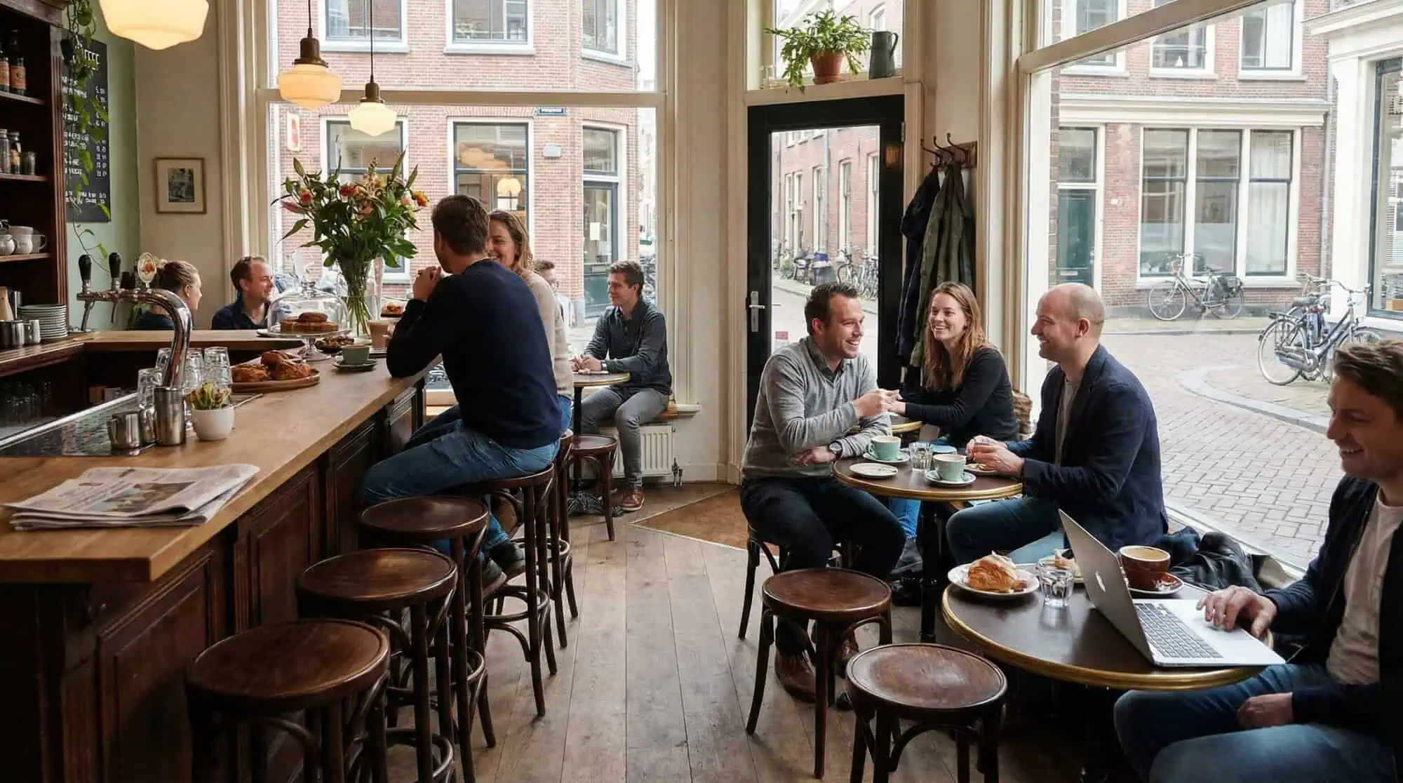 Super-Seat | Houten stoelen, tafels en zwarte ronde metalen statafels; licht valt binnen, mensen eten en werken. | Horecameubilair