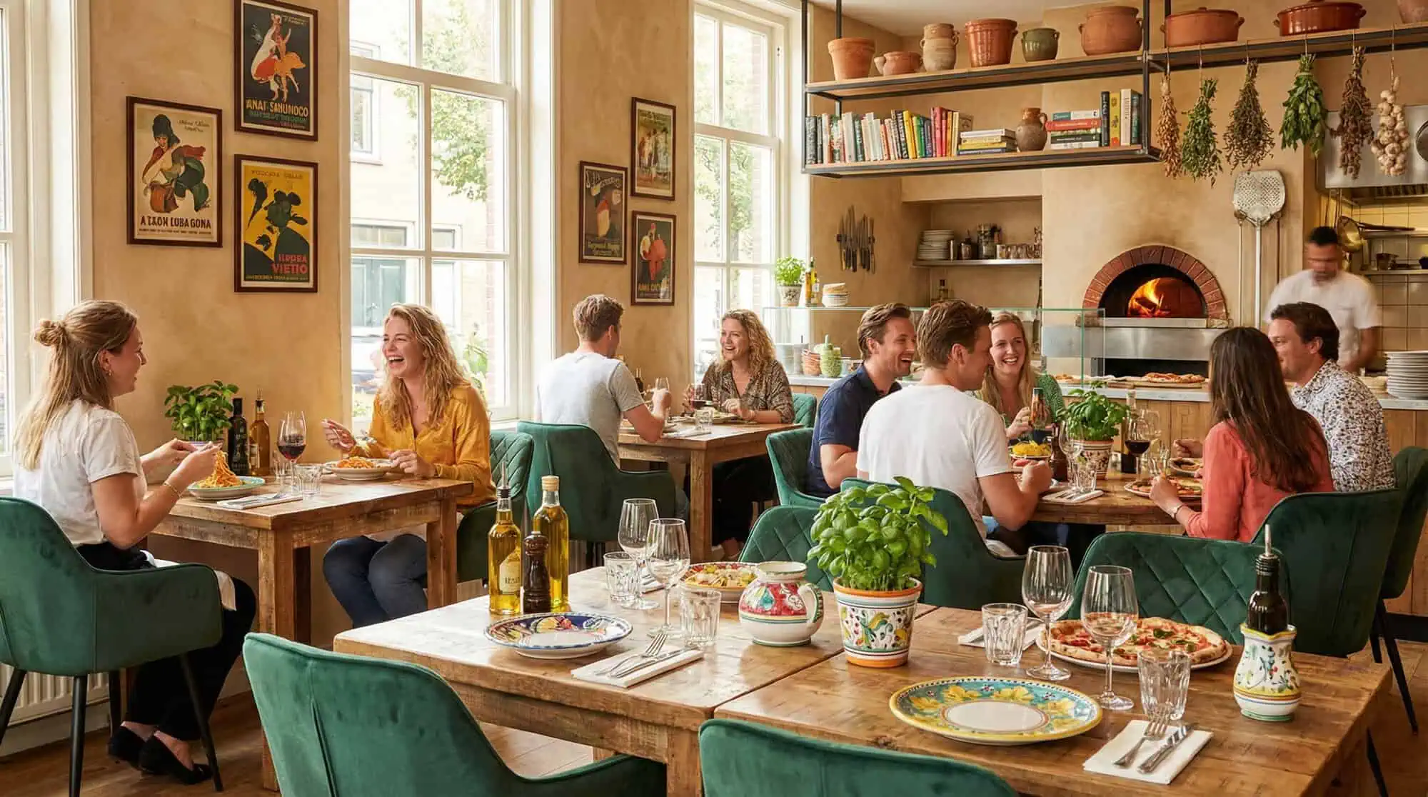 Super-Seat |Houten tafels, groene fluwelen stoelen, zonnig restaurant, pizza en wijn op tafel. | Horecameubilair