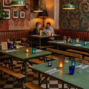 Super-Seat | Ein gemütliches Restaurant mit grünen Holztischen | Groene houten tafels, vintage inklapbare legerbanken, bonte glazen kandelaars, zwart-witte tegels. | Horecameubilair