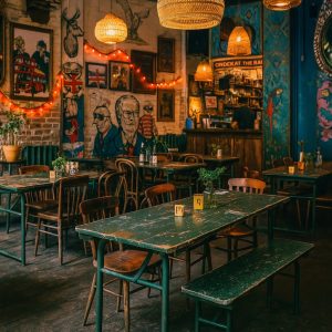 Super-Seat | A cozy cafe with rustic green vintage field tables, olive-colored army folding tables & wooden chairs Green metal tables, olive-colored folding tables, wooden chairs, murals, benches. | Hospitality Furniture