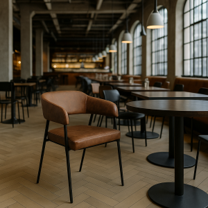 Super-Seat | Maxwell hospitality arm chairs cognac and round black tables | Cognac leather chairs, black metal tables, modern interior. | Hospitality Furniture