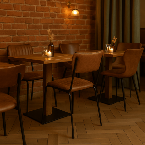 Super-Seat | Een klein restaurantgedeelte met houten tafels en Aviator horeca stapelstoelen in cognac Leren stoelen, houten tafels, warm licht, rode bakstenen muren. | Horecameubilair