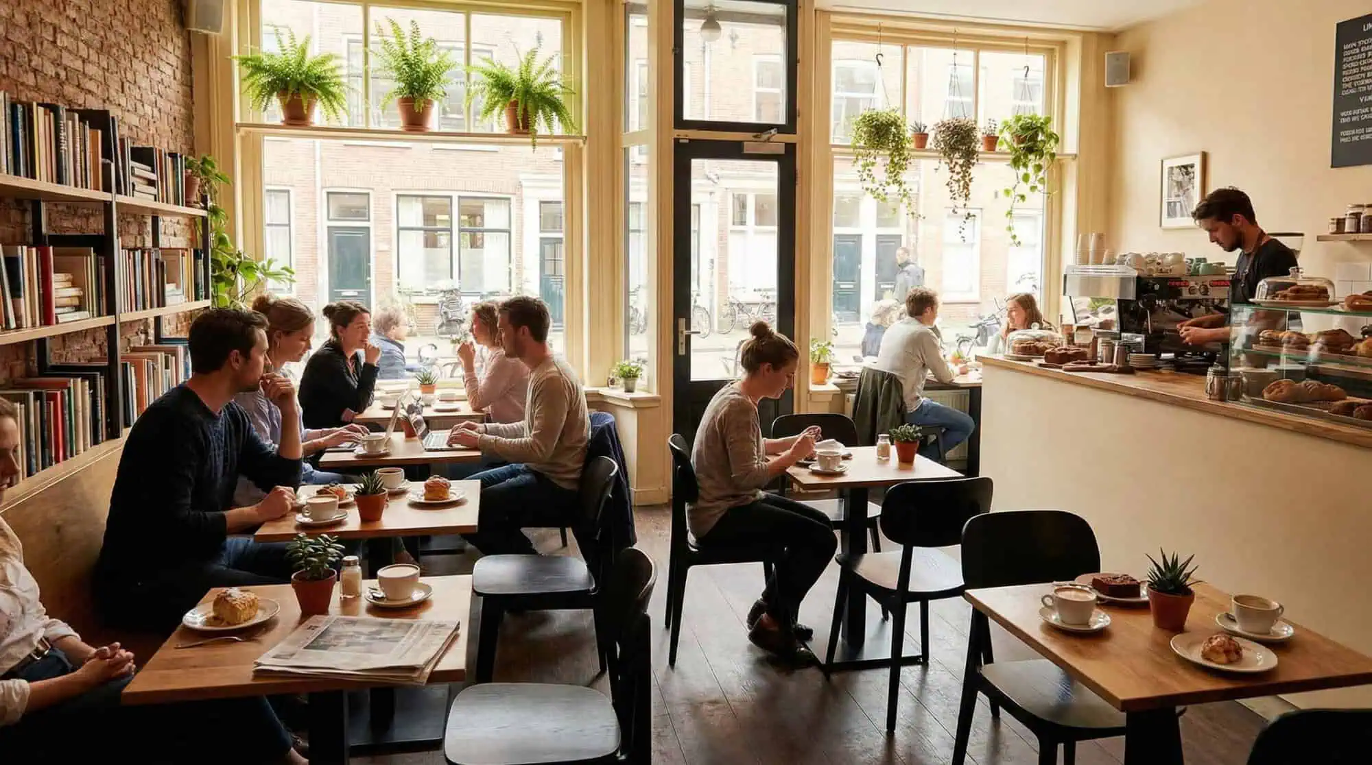 Super-Seat | Scandinavian design chairs Bonn black | Black chairs made of wood and metal, wooden tables, large windows and plants in a cozy café. | Hospitality Furniture