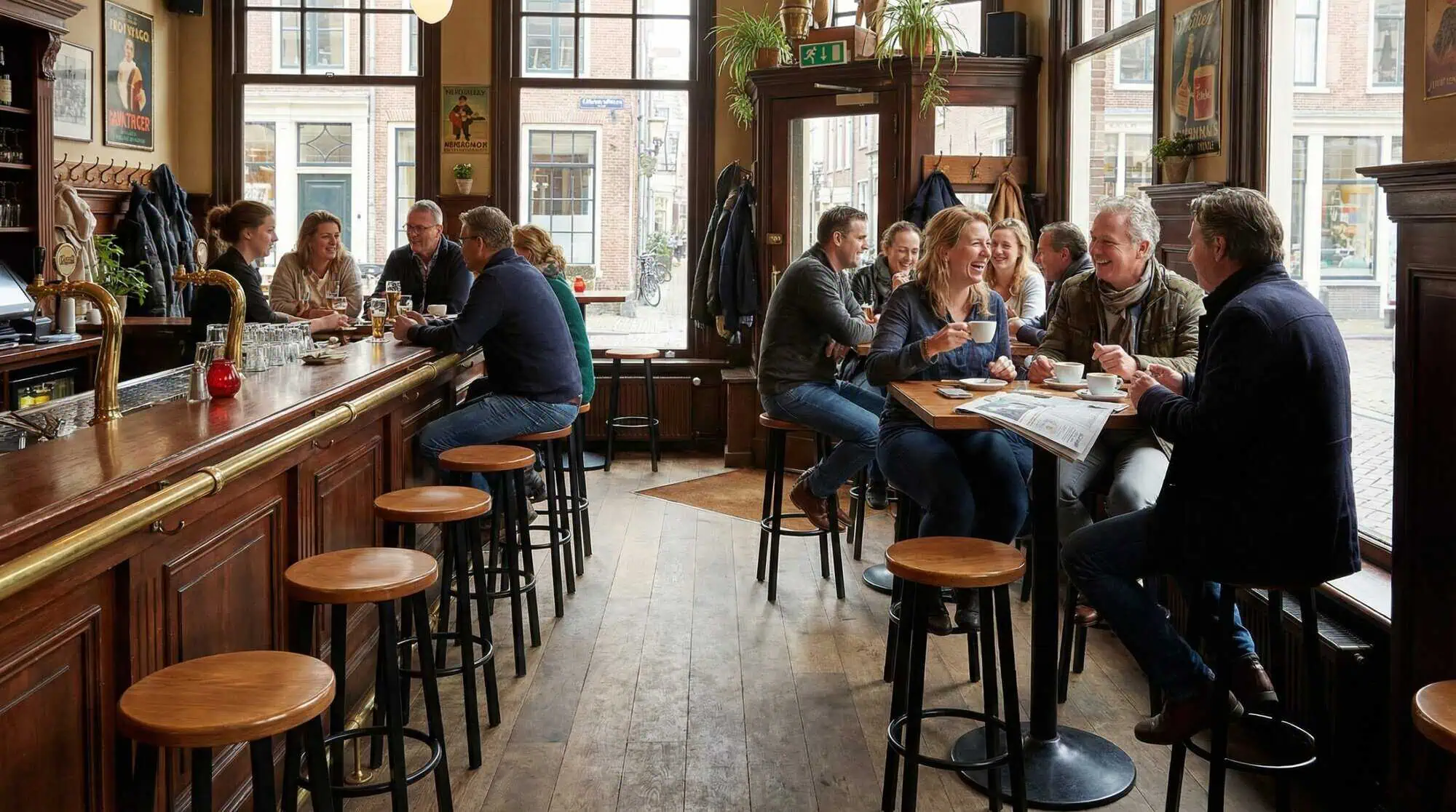 Super-Seat | Wooden tables, black/brown metal bar stools, pub with big windows and people. | Hospitality Furniture