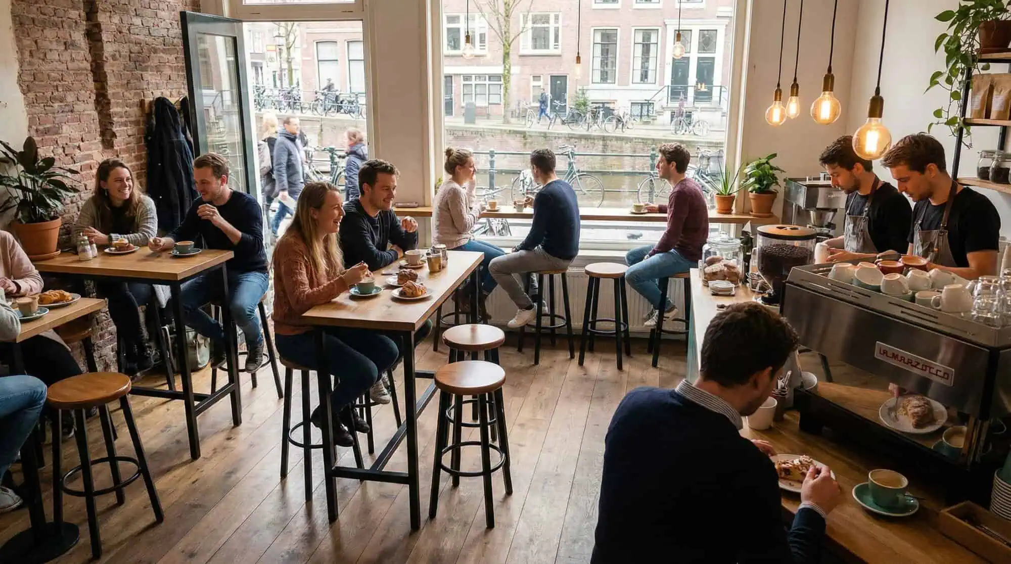 Super-Seat |Industrial bar stools brown/black Brown and black industrial bar stools at wooden tables in cozy cafe with large windows, wooden floor. | Hospitality Furniture