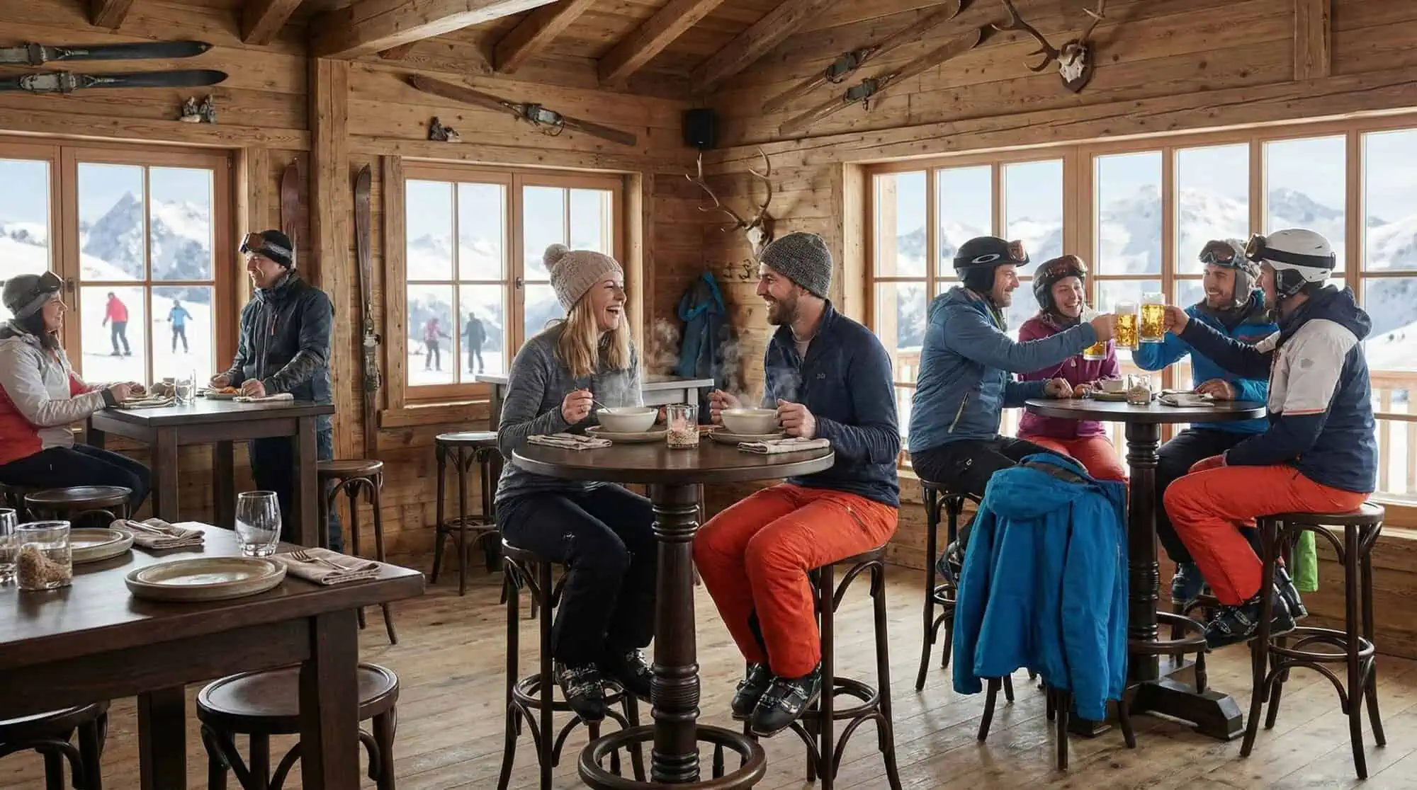 Super-Seat |Dark wooden bar tables, metal bar stools and warm ski lodge details, snow outside. | Hospitality Furniture