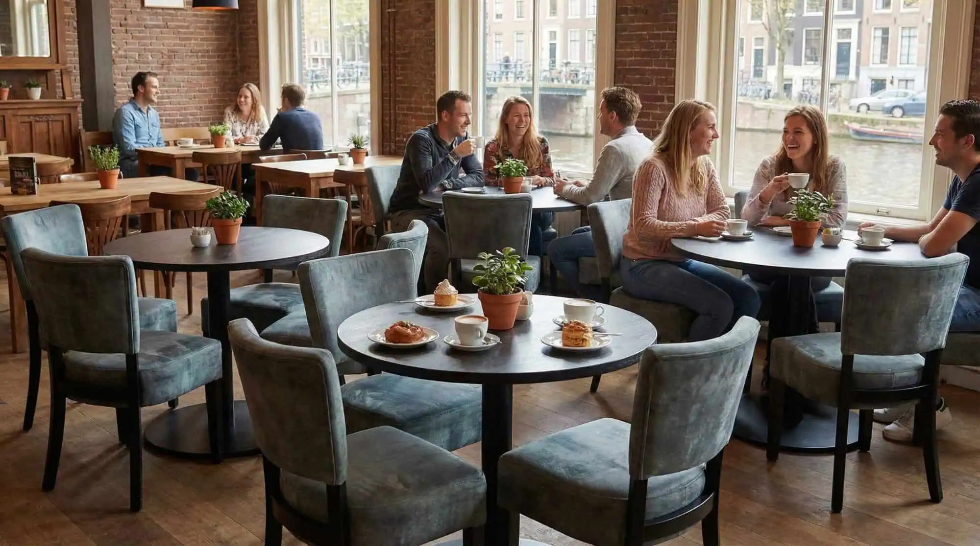 Super-Seat | Lisa Rome Hospitality Chairs Velvet Vintage Green | Green velour chairs and wooden tables in sunny cafe with large windows. | Hospitality Furniture