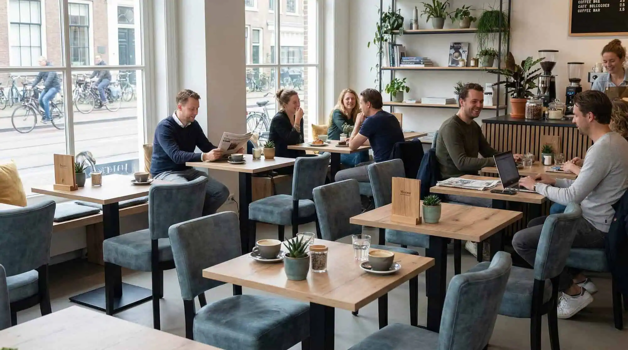 Super-Seat | Lisa Rome hospitality chairs velour vintage green Green velour hospitality chairs, wooden tables and stools in sunlit cafe interior. | Hospitality Furniture