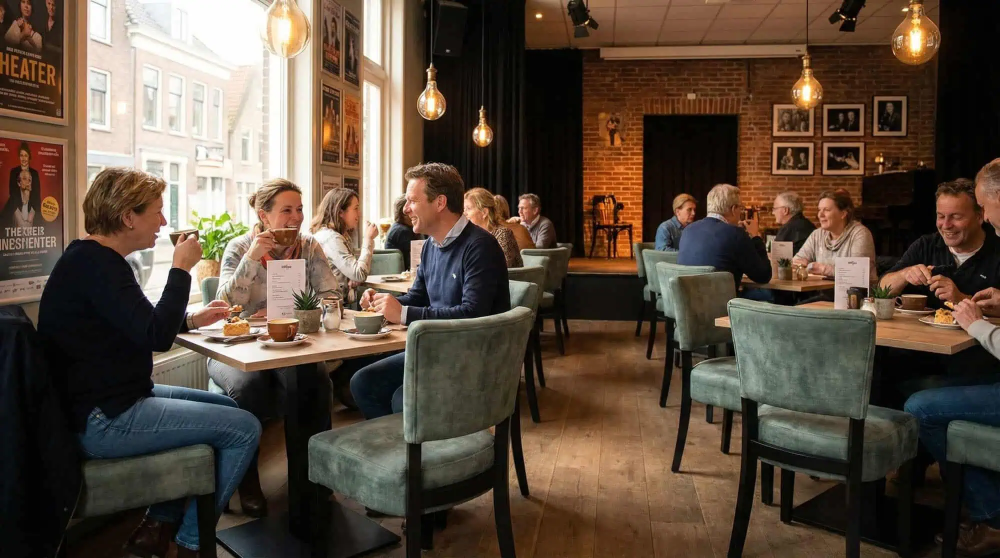 Super-Seat | Lisa Rome hospitality chairs velour vintage green Velour green chairs, wooden tables in cafe with brick walls and warm atmosphere. | Hospitality Furniture