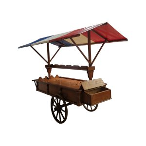 Super-Seat | Mobile Herring Cart | Wooden cart with wheels, red/white/blue canopy, flat surface, raised edges and side pocket. | Hospitality Furniture