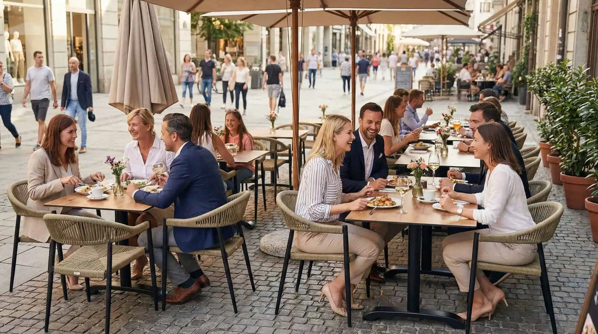 Super-Seat |HPL hospitality table tops teak 70x70cm|Terrace with wooden tables, metal chairs and umbrellas on lively street, people eat outside. | Hospitality Furniture
