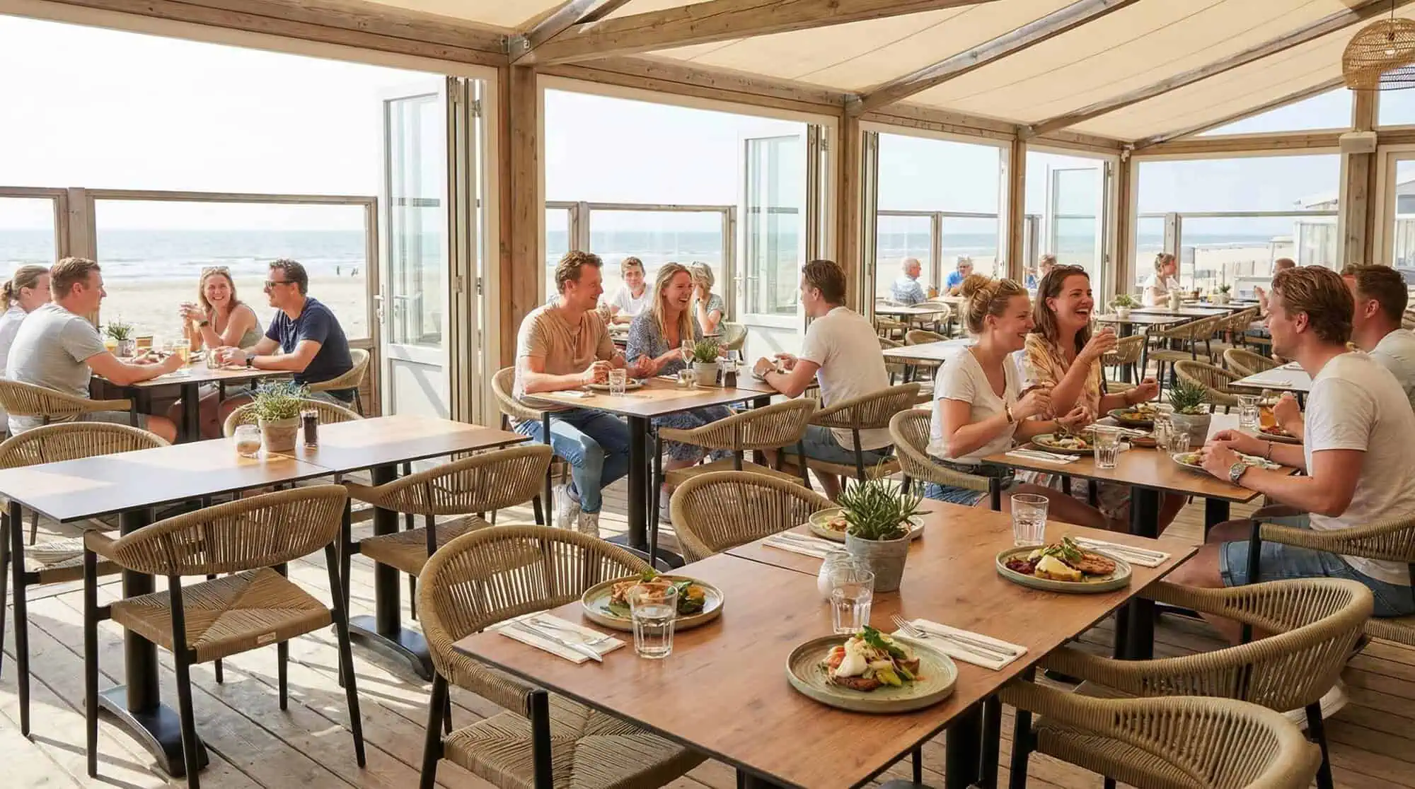 Super-Seat |Wood tables and chairs, brown shades, open windows, sea and beach views. | Hospitality Furniture